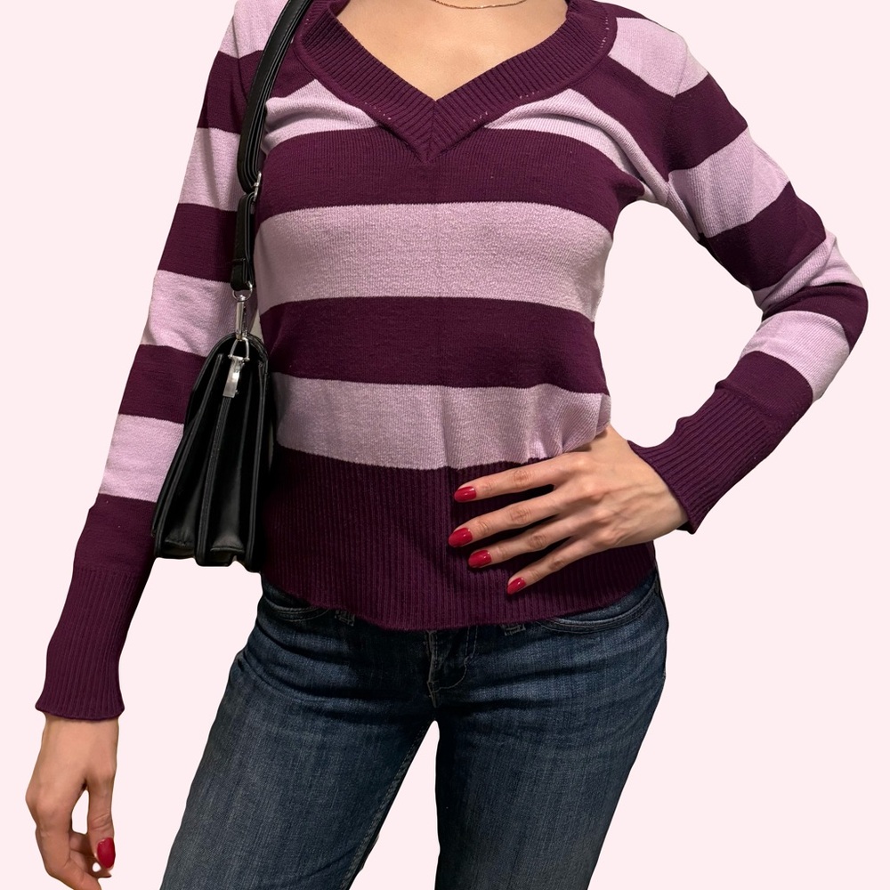 Striped V-Neck Sweater - Purple and Lavender